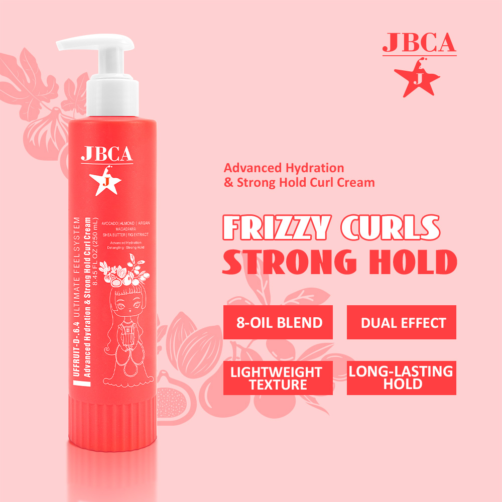 JBCA Frizzy Curls Strong Hold bottle on pink background with product name and features: 8-oil blend, dual effect, lightweight texture, long-lasting hold.