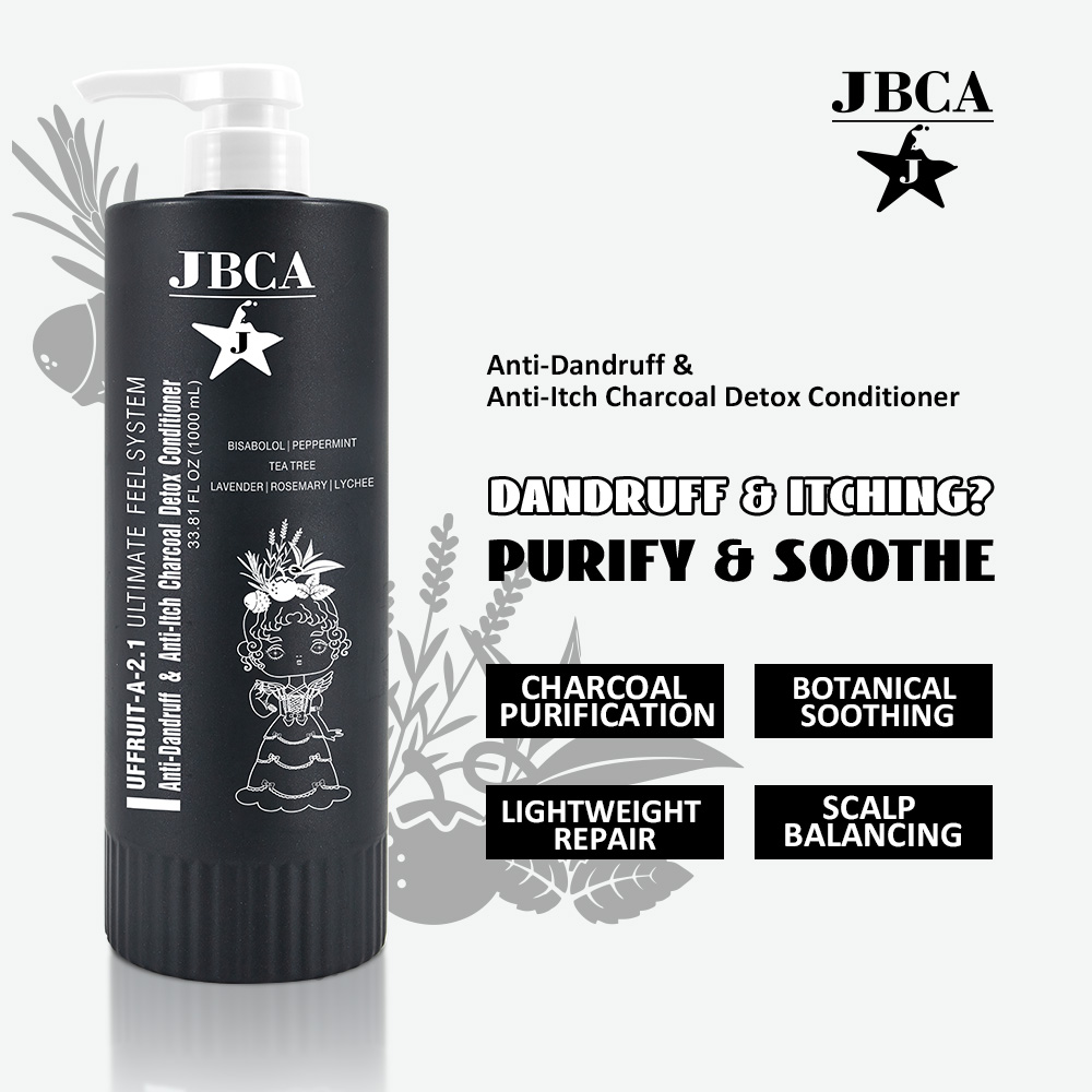 JBCA Anti-Dandruff Charcoal Detox Conditioner black bottle for scalp care and dandruff treatment