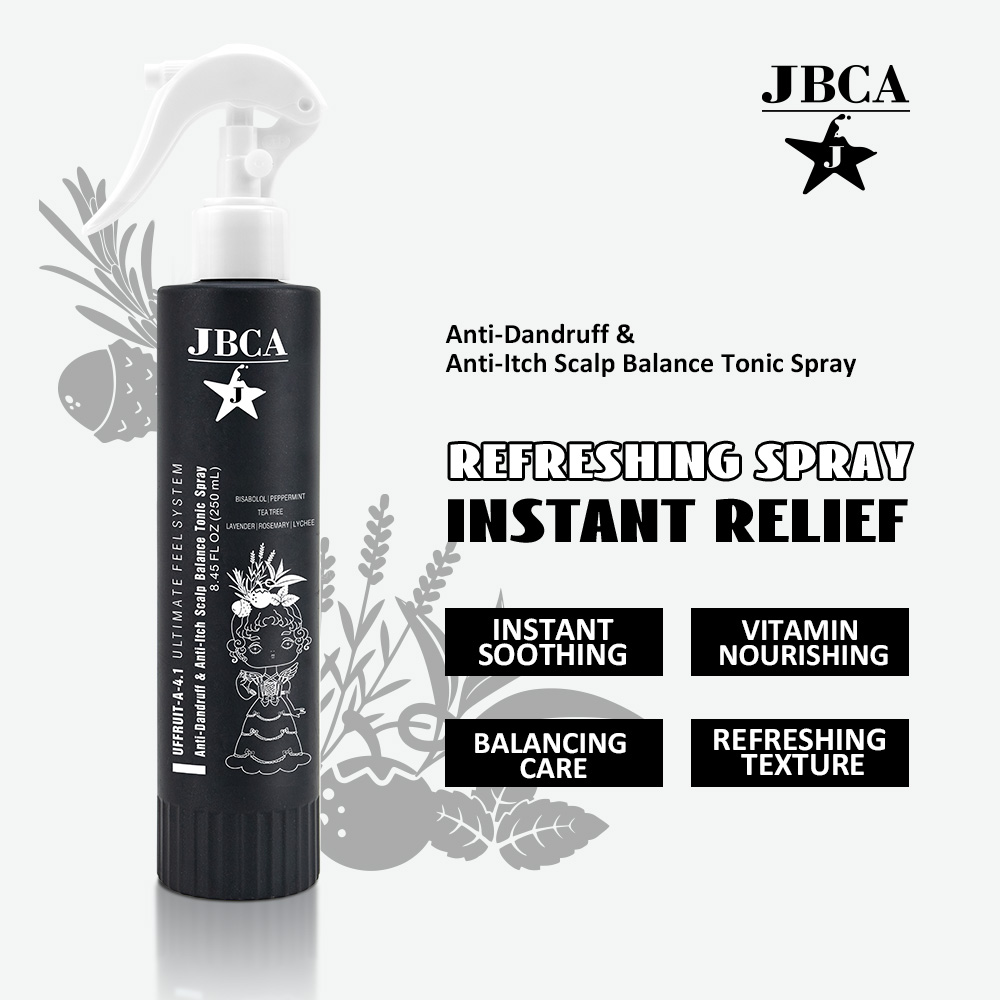 JBCA anti-dandruff scalp spray bottle with logo and bold product claims: instant relief, refreshing spray, soothing and nourishing benefits.
