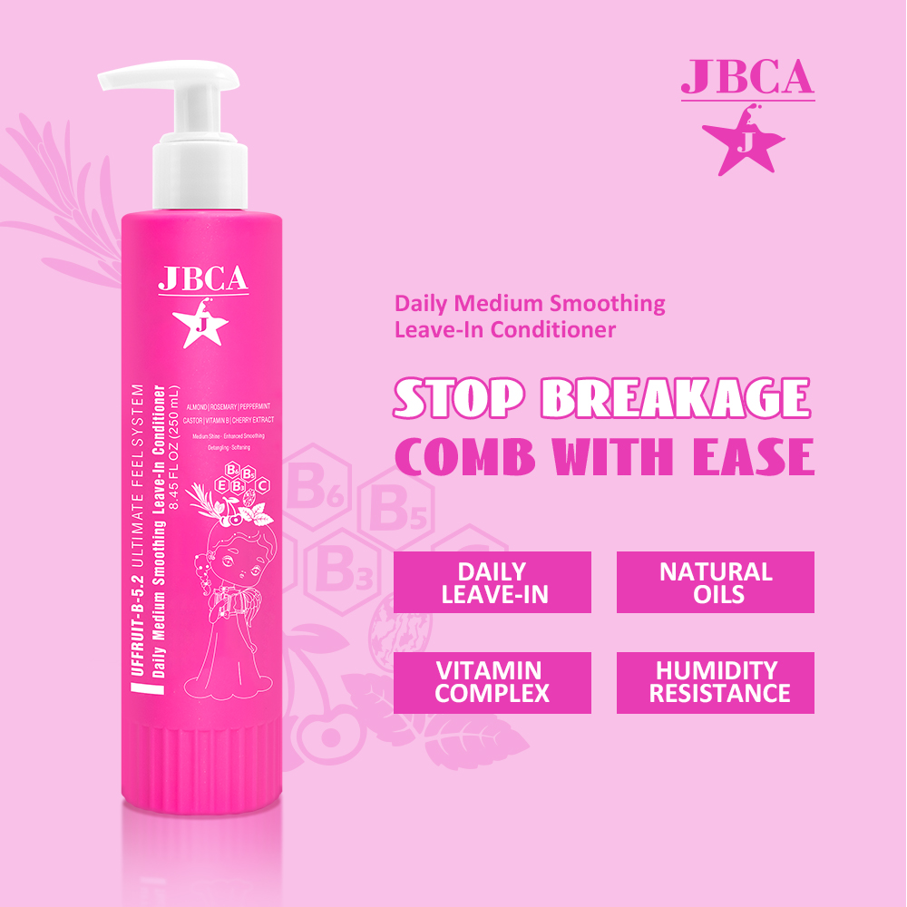 Pink JBCA Daily Leave-In Conditioner bottle with pump on a pink background, featuring 'STOP BREAKAGE' and four benefit boxes.