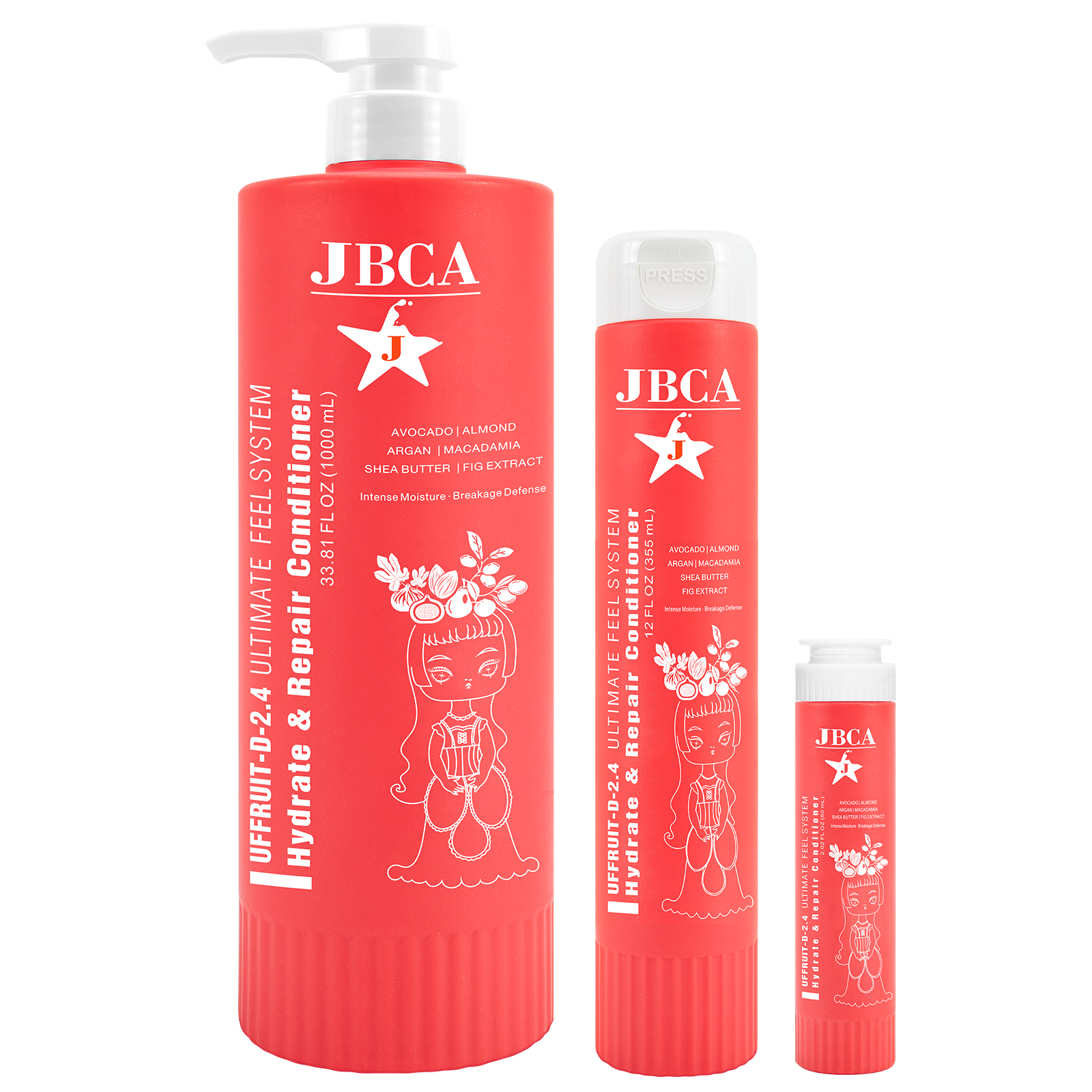 Set of JBCA red hair care bottles in varied sizes (tall pump bottle and two smaller squeeze bottles) against a white background, showing branding and illustrations.