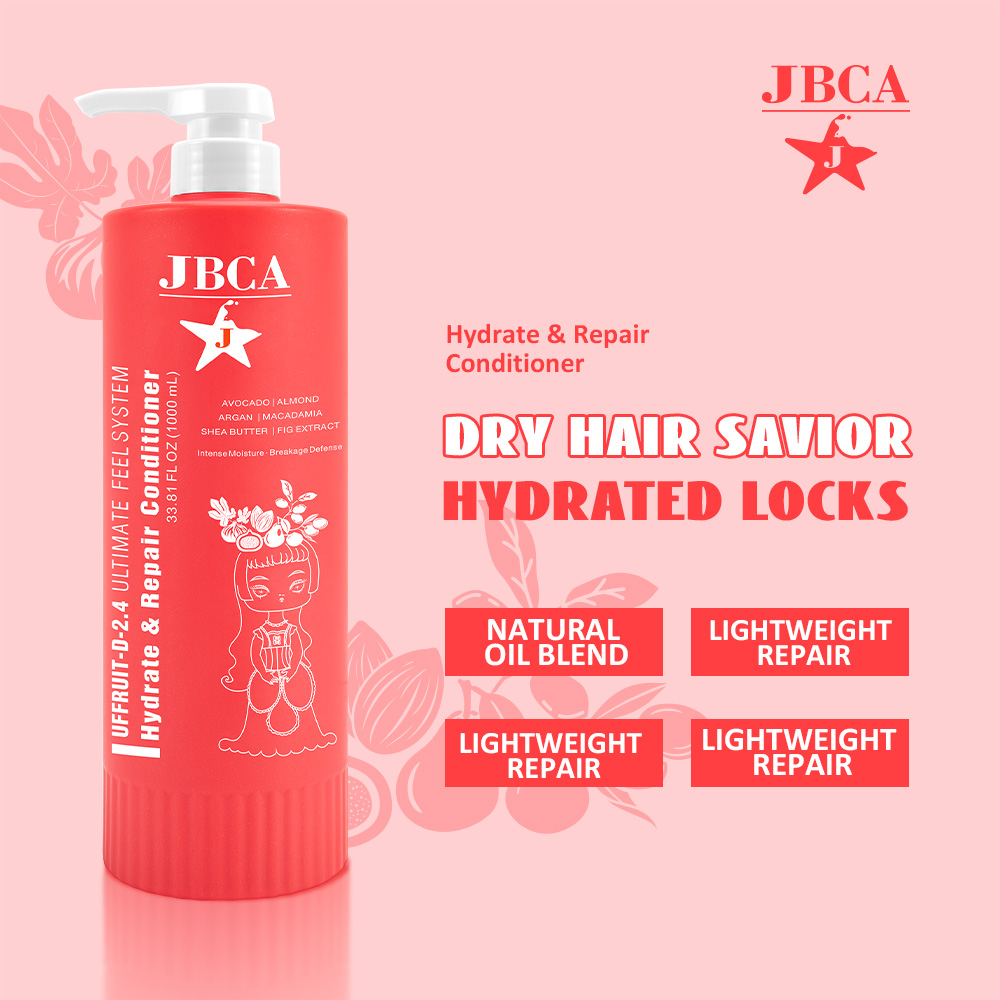 Red JBCA Hydrate & Repair Conditioner bottle on a pink background, with logo and bold text: DRY HAIR SAVIOR, HYDRATED LOCKS, and red callouts like NATURAL OIL BLEND and LIGHTWEIGHT REPAIR.
