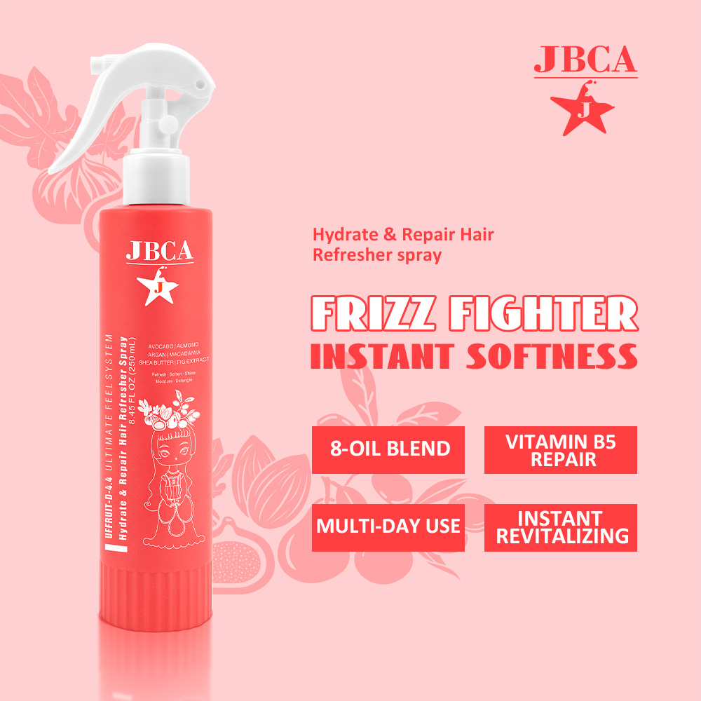 JBCA Frizz Fighter spray bottle on a pink background; hydrates and repairs hair with an 8-oil blend.