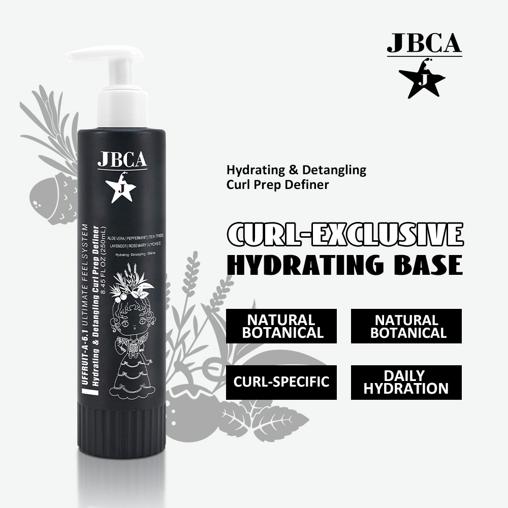 Black JBCA pump bottle labeled 'Curl-Exclusive Hydrating Base' for curl prep and daily hydration against a pale background with plant graphics.