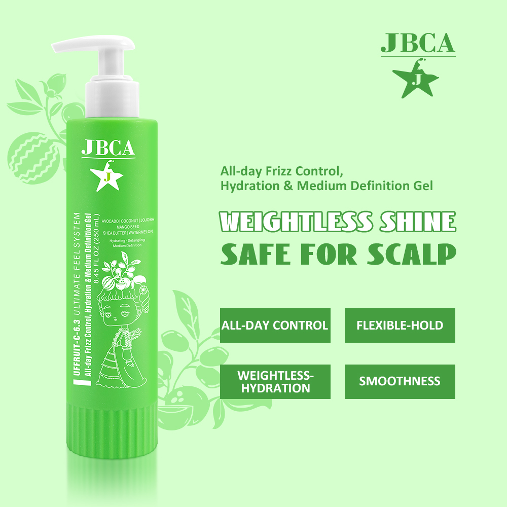 Green JBCA bottle with pump showcasing 'Weightless Shine' spray for all-day frizz control and hydration (advertisement).