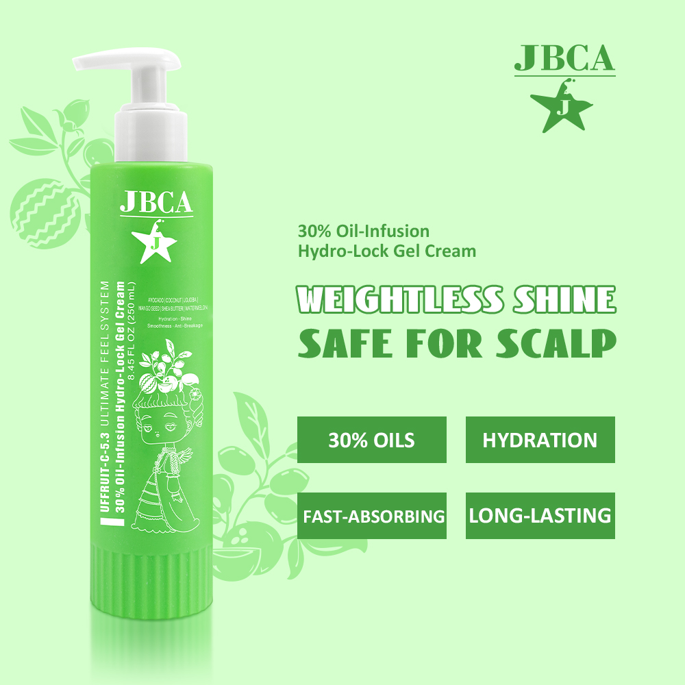 JBCA Hydro-Lock Gel Cream bottle with pump on a light green background, advertising weightless shine for scalp