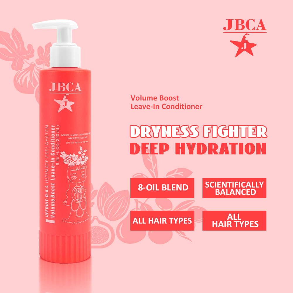 Pink JBCA advertisement showing a red bottle of Volume Boost Leave-In Conditioner on the left; bold headline 'DRYNESS FIGHTER DEEP HYDRATION' with notes '8-OIL BLEND' and 'ALL HAIR TYPES' on the right.