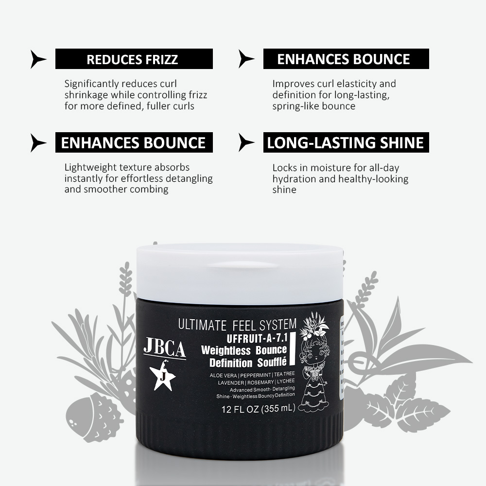 Jar of JBCA Weightless Bounce hair product with decorative leaves; highlights: reduces frizz for defined curls, enhances bounce, detangles smoothly, long-lasting shine.