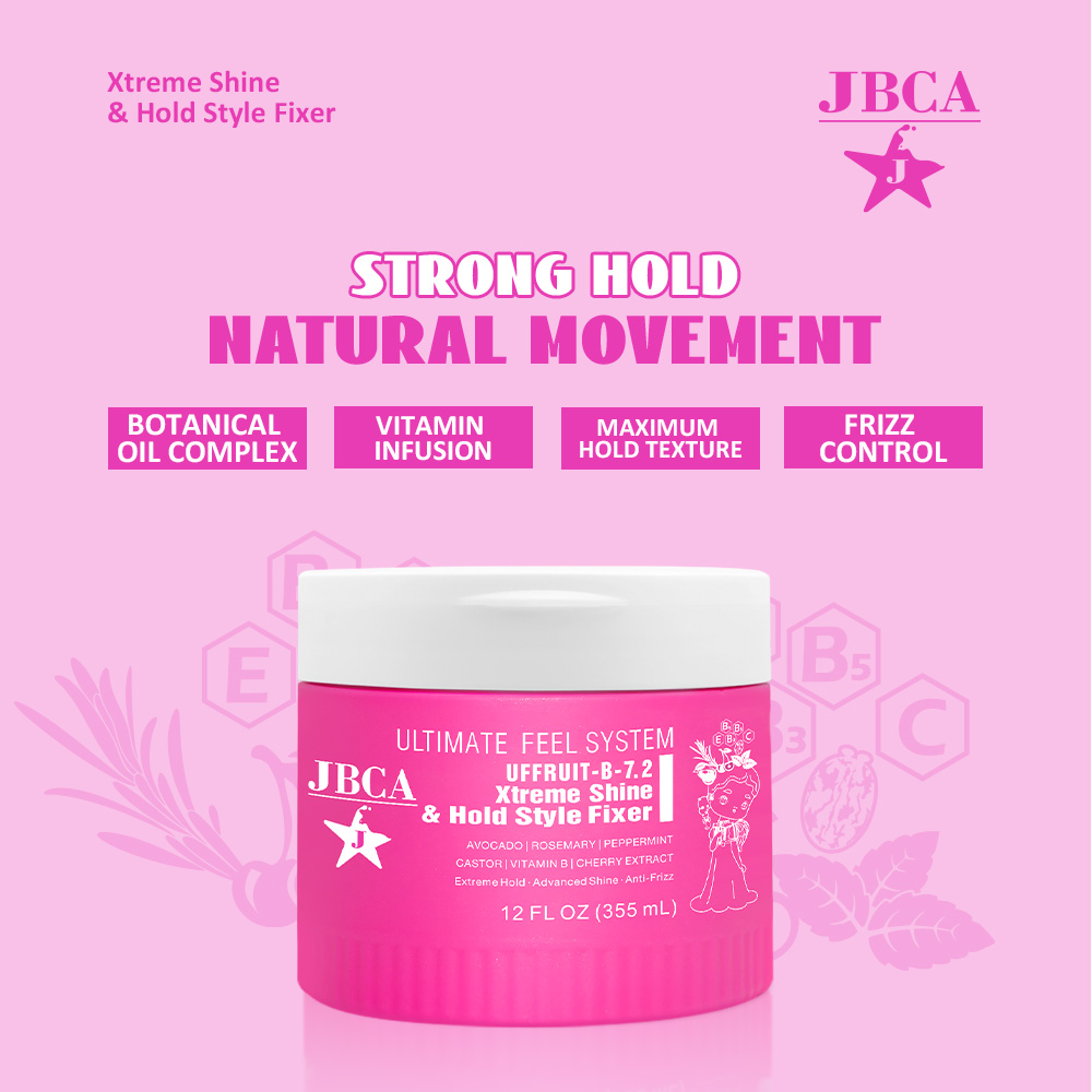 Pink JBCA hair product jar labeled Xtreme Shine & Hold Style Fixer, 12 oz, white cap, promoting strong hold and natural movement.