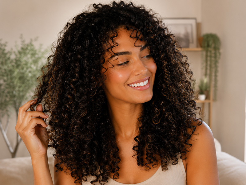 Woman with refreshed defined healthy curls
