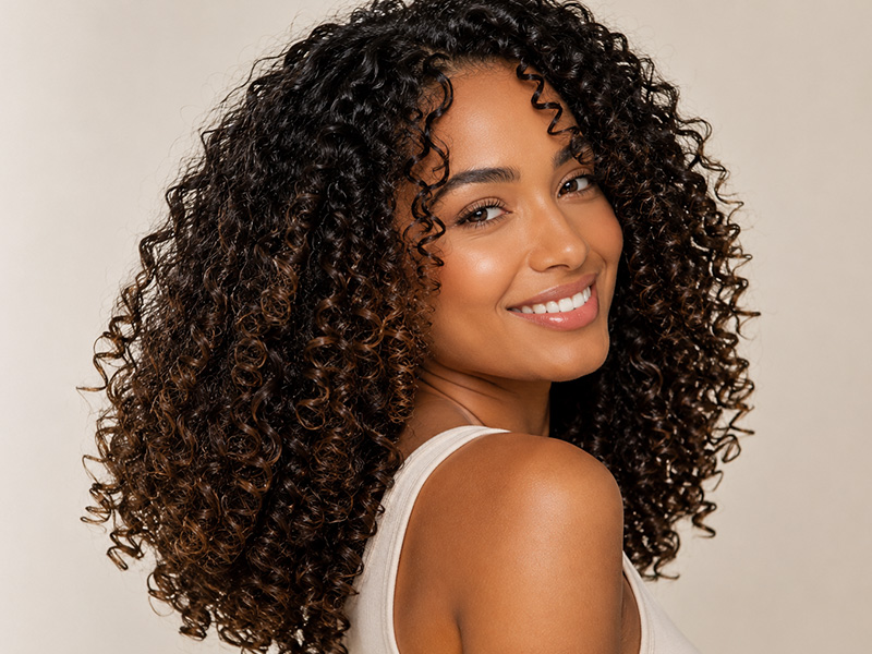 Woman with soft shiny defined curls