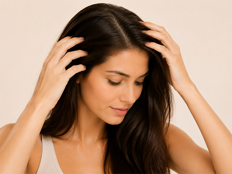 Woman with balanced comfortable refreshed scalp