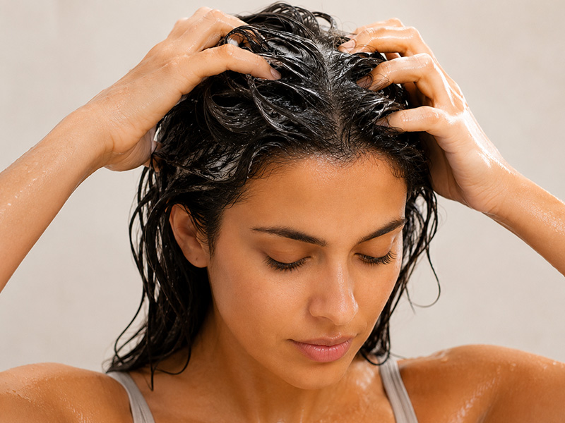 Woman massaging scalp with wet hair for charcoal detox scalp care