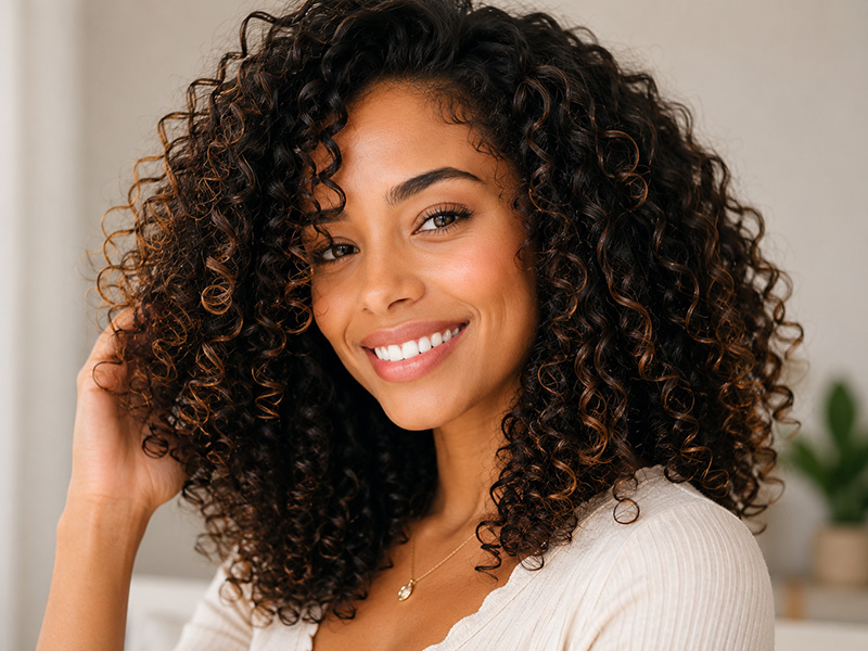 Woman with hydrated defined frizz controlled curls