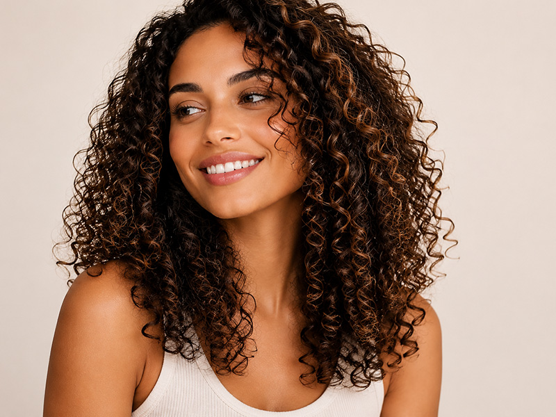 Woman with hydrated defined detangled curls