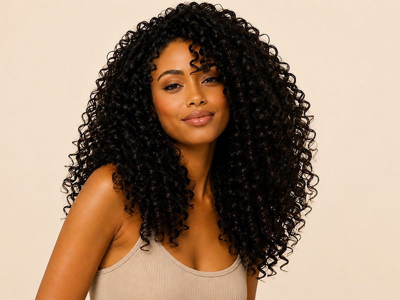 Woman with hydrated strong hold defined curls